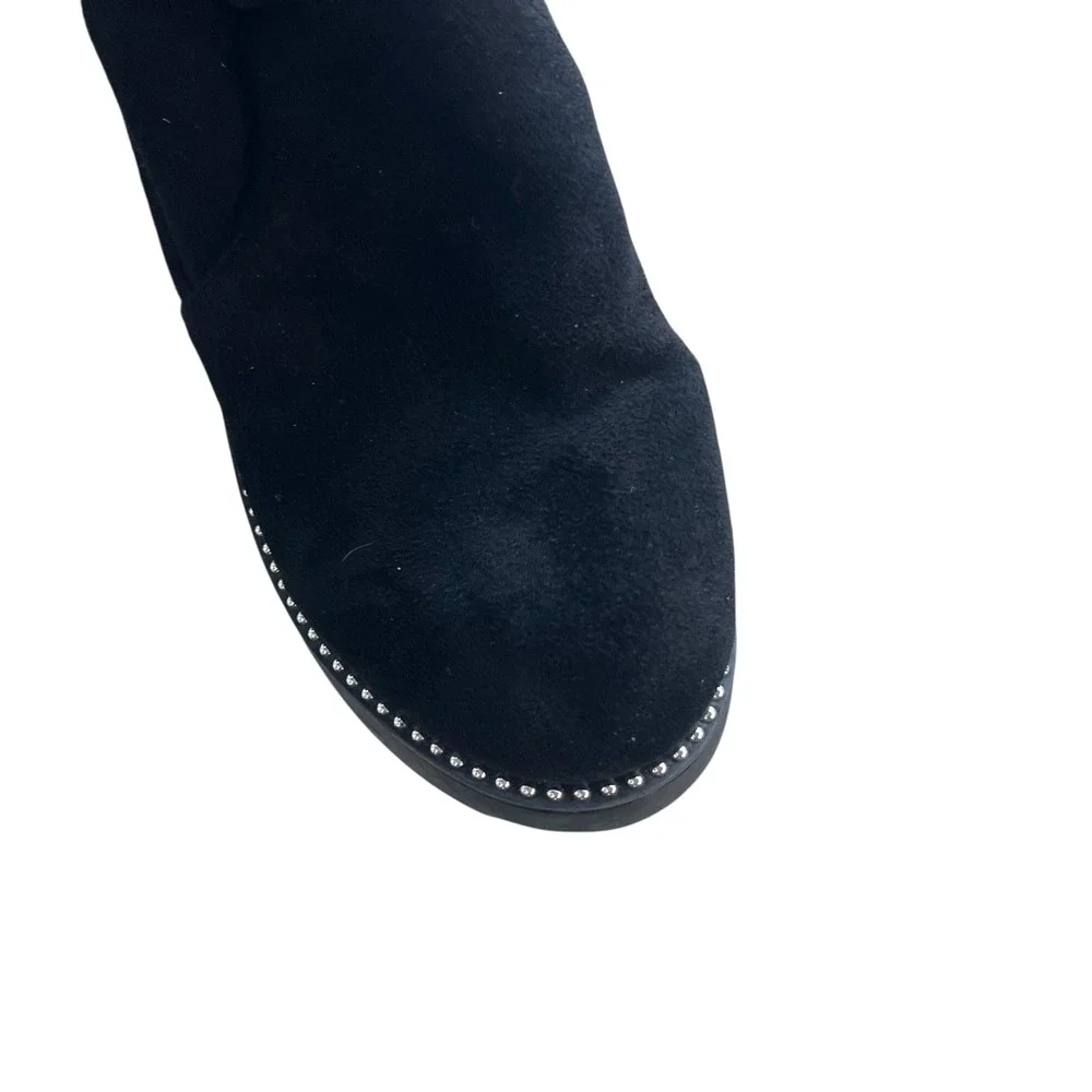 Women 35 Black Stretch Suede Silver Studded Knee High Tie Detail Flat Sole Boots